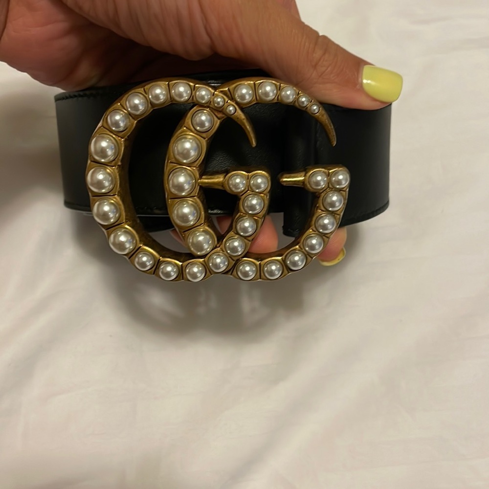 Leather belt with pearl Double G